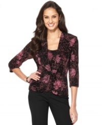 A petite jacket and top with a floral print with chic metallic detail will be the highlight of your next special occasion! Pair with your favorite dressy pants or a long skirt for the next wedding or formal event on your calendar. A petite jacket and top with a floral print with chic metallic detail will be the highlight of your next special occasion! Pair with your favorite dressy pants or a long skirt for the next wedding or formal event on your calendar.
