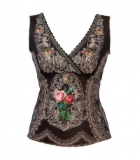 Flattering Fit Black V-Neck Top Created by Michal Negrin Fashioned with Victorian Floral and Lace Like Pattern, Lace and Velvet Trim and Swarovski Crystal Accents - Size M Flattering Fit Black V-Neck Top Created by Michal Negrin Fashioned with Victorian Floral and Lace Like Pattern, Lace and Velvet Trim and Swarovski Crystal Accents - Size M