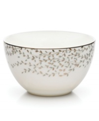 Fringed with shimmering leaves of platinum and mica, this bone china fruit bowl turns your table into a springtime utopia. Its sleek coupe shape is a vision of modern elegance in platinum-banded white. Fringed with shimmering leaves of platinum and mica, this bone china fruit bowl turns your table into a springtime utopia. Its sleek coupe shape is a vision of modern elegance in platinum-banded white.