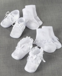 Top off their little toes with the sweetest christening shoes and socks imaginable. Perfect for their big day and for church events to come! Top off their little toes with the sweetest christening shoes and socks imaginable. Perfect for their big day and for church events to come!