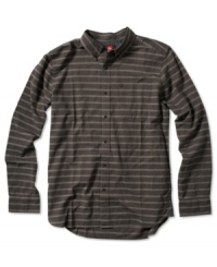 Quiksilver takes the conventional striped shirt and shifts it 180 degrees with this light-on-dark pattern of horizontal stripes. Quiksilver takes the conventional striped shirt and shifts it 180 degrees with this light-on-dark pattern of horizontal stripes.