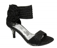 Girls' Ankle Wrap High Heel Glitter Dress Sandals w/ Flower Black , 4 Girls' Ankle Wrap High Heel Glitter Dress Sandals w/ Flower Black , 4