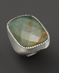 Diamonds circle a faceted green amazonite in a blackened sterling silver band. By Di Massima. Diamonds circle a faceted green amazonite in a blackened sterling silver band. By Di Massima.