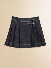 Crafted in must-have denim, this classic style has plenty of pleats and buckle detail.Flat waistHidden adjustable button closeLeather-look buckle detailStitched-down pleats98% cotton/2% elastaneMachine washImported Please note: Number of buttons may vary depending on size ordered. Crafted in must-have denim, this classic style has plenty of pleats and buckle detail.Flat waistHidden adjustable button closeLeather-look buckle detailStitched-down pleats98% cotton/2% elastaneMachine washImported Please note: Number of buttons may vary depending on size ordered.