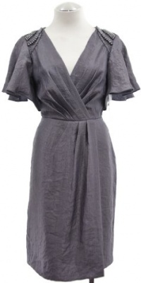 Adrianna Papell Smoke Grey Sateen Beaded Shoulder Sheath Dress 6 Adrianna Papell Smoke Grey Sateen Beaded Shoulder Sheath Dress 6