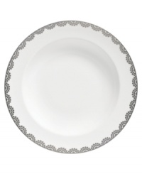Vera Wang marries modern shapes with traditional lace in this set of dinnerware. The dishes are decidedly timeless. Platinum trim and banding add delicate feminine touches to this white rim soup bowl. Not shown. Vera Wang marries modern shapes with traditional lace in this set of dinnerware. The dishes are decidedly timeless. Platinum trim and banding add delicate feminine touches to this white rim soup bowl. Not shown.