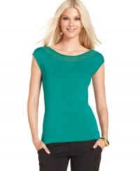 A draped back and mesh-paneled neckline elevate a silky Vince Camuto tee from beloved basic to must-have. Pair it with any print in your closet to take your look to the next level. A draped back and mesh-paneled neckline elevate a silky Vince Camuto tee from beloved basic to must-have. Pair it with any print in your closet to take your look to the next level.
