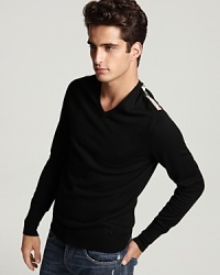 Long sleeve v-neck sweater with check shoulder patches. Finely ribed cuffs and hem. Long sleeve v-neck sweater with check shoulder patches. Finely ribed cuffs and hem.