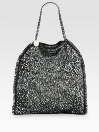 A roomy, high-contrast tweed style accented with leather trim and glossy link chains.Double shoulder strap, 10 dropMagnetic top closureOne inside zip pocketOne inside open pocketOne detachable zip pouchFully lined17W X 17H X 4DImported A roomy, high-contrast tweed style accented with leather trim and glossy link chains.Double shoulder strap, 10 dropMagnetic top closureOne inside zip pocketOne inside open pocketOne detachable zip pouchFully lined17W X 17H X 4DImported