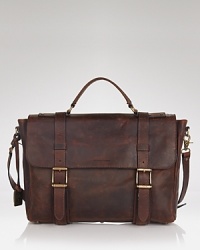 With a lightly distressed finish, Frye's leather Logan briefcase lends a rugged-meets-polished look. With a lightly distressed finish, Frye's leather Logan briefcase lends a rugged-meets-polished look.