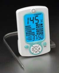 There are two major factors when preparing meat to perfection: timing and temperature. This innovative probe thermometer delivers both readings with digital accuracy, brilliantly displayed on a blue, backlit screen. Limited lifetime warranty. There are two major factors when preparing meat to perfection: timing and temperature. This innovative probe thermometer delivers both readings with digital accuracy, brilliantly displayed on a blue, backlit screen. Limited lifetime warranty.