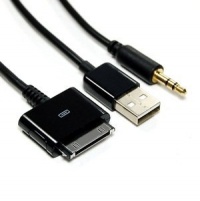 Cosmos Black 4ft Long iPod / iPhone 2-in-1 Audio and Sync Cable. Apple Dock Connector to 3.5mm Audio AUX (Auxiliary) Connector AND USB Charge/sync Connector + COSMOS cable tie Cosmos Black 4ft Long iPod / iPhone 2-in-1 Audio and Sync Cable. Apple Dock Connector to 3.5mm Audio AUX (Auxiliary) Connector AND USB Charge/sync Connector + COSMOS cable tie