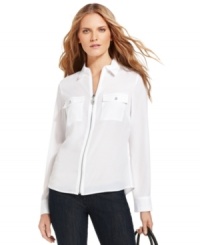 A classic petite piece gets a decidedly fresh look, from MICHAEL Michael Kors. This shirt features military-inspired details like a metal pull and zip-up front for an appealing edge! A classic petite piece gets a decidedly fresh look, from MICHAEL Michael Kors. This shirt features military-inspired details like a metal pull and zip-up front for an appealing edge!