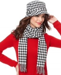 A fashionable update for a functional style. David & Young added spice and a touch of nice to this bucket hat with a houndstooth pattern and chic buckle embellishment. A fashionable update for a functional style. David & Young added spice and a touch of nice to this bucket hat with a houndstooth pattern and chic buckle embellishment.