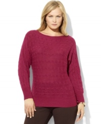 A unique horizontal cable knit and dolman sleeves lend modern appeal to Lauren Ralph Lauren's chic boatneck plus size sweater. A unique horizontal cable knit and dolman sleeves lend modern appeal to Lauren Ralph Lauren's chic boatneck plus size sweater.