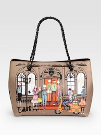 A whimsically illustrated satin design that is sure to make a statement.Double chain and leather shoulder straps, 9 dropMagnetic snap closureOne inside zip pocketOne inside open pocketSatin lining15W X 10½H X 5½DImported A whimsically illustrated satin design that is sure to make a statement.Double chain and leather shoulder straps, 9 dropMagnetic snap closureOne inside zip pocketOne inside open pocketSatin lining15W X 10½H X 5½DImported