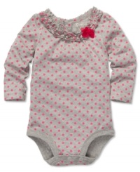 Keep her cute and comfortable at the same time with this darling polka-dot bodysuit from Osh Kosh. Keep her cute and comfortable at the same time with this darling polka-dot bodysuit from Osh Kosh.