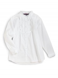 A ruffled bib, collar and cuffs infuse this button front design with lots of natural charm.Ruffle stand collar Button front Ruffled bib front Long sleeves with button ruffle cuffs Whale logo embroidery at hem Shirttail hem 98% cotton/2% spandex Machine wash ImportedPlease note: Number of buttons may vary depending on size ordered. A ruffled bib, collar and cuffs infuse this button front design with lots of natural charm.Ruffle stand collar Button front Ruffled bib front Long sleeves with button ruffle cuffs Whale logo embroidery at hem Shirttail hem 98% cotton/2% spandex Machine wash ImportedPlease note: Number of buttons may vary depending on size ordered.