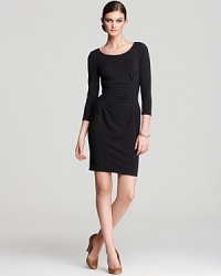 A playful pleat detail at the waist adds character to this elegant black Catherine Malandrino jersey dress. Keep this stylish slip-on in your wardrobe for a no-fail 9-5 look. A playful pleat detail at the waist adds character to this elegant black Catherine Malandrino jersey dress. Keep this stylish slip-on in your wardrobe for a no-fail 9-5 look.