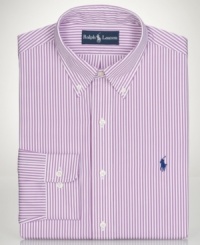 The straight and narrow is a good path to take, especially with this slim-fit striped shirt from Polo Ralph Lauren. The straight and narrow is a good path to take, especially with this slim-fit striped shirt from Polo Ralph Lauren.