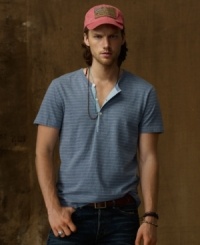 A lightweight cotton Henley gets the vintage treatment with soft chambray trim and sun-faded stripes, giving a dose of dockside cool to a rugged basic. A lightweight cotton Henley gets the vintage treatment with soft chambray trim and sun-faded stripes, giving a dose of dockside cool to a rugged basic.