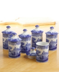 A charming rendition of the Italian countryside, the Blue Italian pattern is a beloved classic in tableware. This beautiful set of spice jars features the famous blue and white design framed by an Imari border, inspired by Chinese porcelain. A charming rendition of the Italian countryside, the Blue Italian pattern is a beloved classic in tableware. This beautiful set of spice jars features the famous blue and white design framed by an Imari border, inspired by Chinese porcelain.