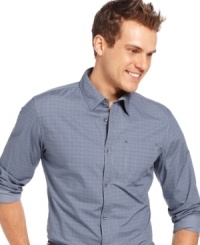 Slight peaching gives this shirt from Calvin Klein a luxurious look and feel you'll love. Slight peaching gives this shirt from Calvin Klein a luxurious look and feel you'll love.
