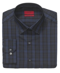 A casual look cleans up. Precision tailoring instantly elevates this fitted plaid shirt from Alfani. A casual look cleans up. Precision tailoring instantly elevates this fitted plaid shirt from Alfani.