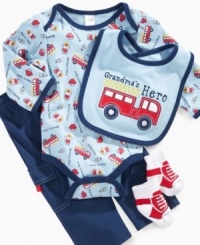 This set from Cutie Pie will have him truckin' along in adorable style. Includes pants, faux sneaker looking socks, a truck printed bodysuit and a bib that gives grandma some love. This set from Cutie Pie will have him truckin' along in adorable style. Includes pants, faux sneaker looking socks, a truck printed bodysuit and a bib that gives grandma some love.