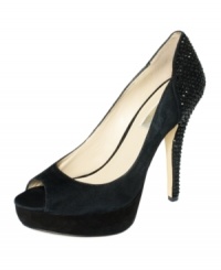 Smooth suede sets the scene for the sparkly rhinestone-covered heel of INC International Concepts' Maddie platform pumps. Smooth suede sets the scene for the sparkly rhinestone-covered heel of INC International Concepts' Maddie platform pumps.
