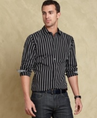 Sleek and trim, this striped slim-fit shirt from Tommy Hilfiger keeps your looking your casual best. Sleek and trim, this striped slim-fit shirt from Tommy Hilfiger keeps your looking your casual best.