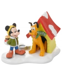 No bones about it, Pluto is filled with excitement over the special holiday treat Mickey delivers to his dog house. A joyous moment in Mickey's Christmas Village, from Department 56. No bones about it, Pluto is filled with excitement over the special holiday treat Mickey delivers to his dog house. A joyous moment in Mickey's Christmas Village, from Department 56.