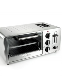 Toast times two. This Waring toaster oven brings do-it-all efficiency to your countertop, acting as a second oven, simple toaster or both at the same time! Bake, broil or toast in the 0.45-cubic-foot oven portion -- large enough to toast 4 slices of bread -- or use the built-in 2-slice toaster to brown bread, bagels and more. One-year warranty. Model WTO150. Toast times two. This Waring toaster oven brings do-it-all efficiency to your countertop, acting as a second oven, simple toaster or both at the same time! Bake, broil or toast in the 0.45-cubic-foot oven portion -- large enough to toast 4 slices of bread -- or use the built-in 2-slice toaster to brown bread, bagels and more. One-year warranty. Model WTO150.