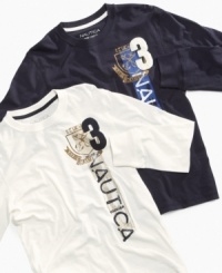 A crisp look to keep him fresh going into fall, these Nautica tees help him layer up in style. A crisp look to keep him fresh going into fall, these Nautica tees help him layer up in style.