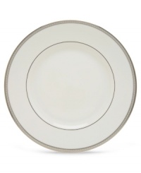 Metropolitan sensibility and modern design combine in this understated white bone china from Lenox's collection of dinnerware and dishes. Platinum gild along the edge of this dinner plate is enhanced by a clean, platinum geometric pattern reminiscent of architectural details. Accent plates feature the geometric pattern along the interior verge, with a thin platinum band along the outer rim. Metropolitan sensibility and modern design combine in this understated white bone china from Lenox's collection of dinnerware and dishes. Platinum gild along the edge of this dinner plate is enhanced by a clean, platinum geometric pattern reminiscent of architectural details. Accent plates feature the geometric pattern along the interior verge, with a thin platinum band along the outer rim.