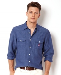 This handsome linen shirt by Nautica has a classy timeless style. This handsome linen shirt by Nautica has a classy timeless style.