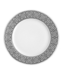 Anything but square, Nixon dinner plates from Jonathan Adler shape things up with a fantastic geometric print in gray, white and dazzling platinum. Anything but square, Nixon dinner plates from Jonathan Adler shape things up with a fantastic geometric print in gray, white and dazzling platinum.