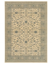 Cool and cordial, this sweet Karastan area rug welcomes you to the most comfortable spot in your home. A soft beige ground is trimmed with lane-blue patterns in a pleasing design inspired by antique English manor house rugs. Wool construction with cotton foundation for added strength and softness. Cool and cordial, this sweet Karastan area rug welcomes you to the most comfortable spot in your home. A soft beige ground is trimmed with lane-blue patterns in a pleasing design inspired by antique English manor house rugs. Wool construction with cotton foundation for added strength and softness.