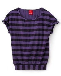 Bow-tipped keyhole detailing at the short sleeves and contrasting stripes at the ruched waist add a quirky-cute finish to this bright striped top from Ella Moss. Bow-tipped keyhole detailing at the short sleeves and contrasting stripes at the ruched waist add a quirky-cute finish to this bright striped top from Ella Moss.
