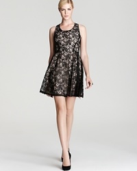 Aqua nails romantic and retro with this nude fit-and-flare dress with black lace overlay. Add a bold lip and mega lashes and you're cocktail party-perfect. Aqua nails romantic and retro with this nude fit-and-flare dress with black lace overlay. Add a bold lip and mega lashes and you're cocktail party-perfect.
