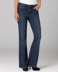 Subtle whiskering at the hips gives these petite Calvin Klein jeans a lived-in feel. Embroidered back pockets and a stylish flare finish the look. Subtle whiskering at the hips gives these petite Calvin Klein jeans a lived-in feel. Embroidered back pockets and a stylish flare finish the look.