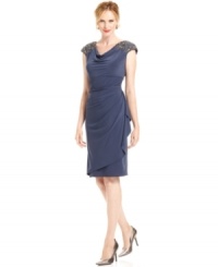 Alex Evenings' finishes this pretty petite dress with sparkling beaded cap sleeves and a feminine tiered skirt that's gathered at the hip. Alex Evenings' finishes this pretty petite dress with sparkling beaded cap sleeves and a feminine tiered skirt that's gathered at the hip.