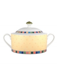 Spice up your tabletop with the Twist Alea covered vegetable bowl. The bright enamel colorblock design is a perfect contrast to the fine white china. Features a vivid band of color along the rim. Spice up your tabletop with the Twist Alea covered vegetable bowl. The bright enamel colorblock design is a perfect contrast to the fine white china. Features a vivid band of color along the rim.