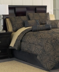 A majestic sight. Give your space the royal treatment with this jacquard woven Palace comforter set, featuring intricate designs in a black and tan color scheme for a regal presentation with a touch of elegance. Shams, bedskirt and a trio of decorative pillows complete the look. A majestic sight. Give your space the royal treatment with this jacquard woven Palace comforter set, featuring intricate designs in a black and tan color scheme for a regal presentation with a touch of elegance. Shams, bedskirt and a trio of decorative pillows complete the look.
