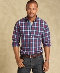 A contrast placket adds a touch of unique detailing to this classic plaid shirt from Tommy Hilfiger. A contrast placket adds a touch of unique detailing to this classic plaid shirt from Tommy Hilfiger.