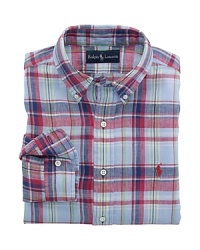 Cut for a relaxed, classic fit from lightweight linen, a handsome sport shirt is accented with a bright plaid pattern for preppy heritage. Cut for a relaxed, classic fit from lightweight linen, a handsome sport shirt is accented with a bright plaid pattern for preppy heritage.