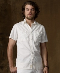 Effortlessly casual and inherently cool, a military-inspired sport shirt is updated for the warmer months with short sleeves and a lightweight twill construction. Effortlessly casual and inherently cool, a military-inspired sport shirt is updated for the warmer months with short sleeves and a lightweight twill construction.