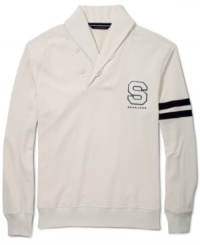 This sporty shawl neck sweater by Sean John will have you working it this winter. This sporty shawl neck sweater by Sean John will have you working it this winter.