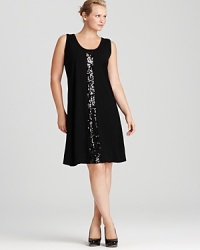 With a hint of sequins, this Karen Kane Plus sheath dress is a go-to piece for parties of all kinds. Balance out the black with colorful accessories or a swipe of bright lipstick. With a hint of sequins, this Karen Kane Plus sheath dress is a go-to piece for parties of all kinds. Balance out the black with colorful accessories or a swipe of bright lipstick.