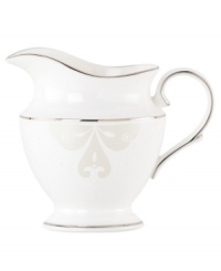 Refine your formal table with classic cream and white Lenox dinnerware. Dishes, including this Opal Innocence Scroll bone china creamer, are trimmed in platinum and accented with a raised dot and scroll pattern, bringing contemporary grace to special occasions. A pearlized finish adds subtle shimmer. Refine your formal table with classic cream and white Lenox dinnerware. Dishes, including this Opal Innocence Scroll bone china creamer, are trimmed in platinum and accented with a raised dot and scroll pattern, bringing contemporary grace to special occasions. A pearlized finish adds subtle shimmer.